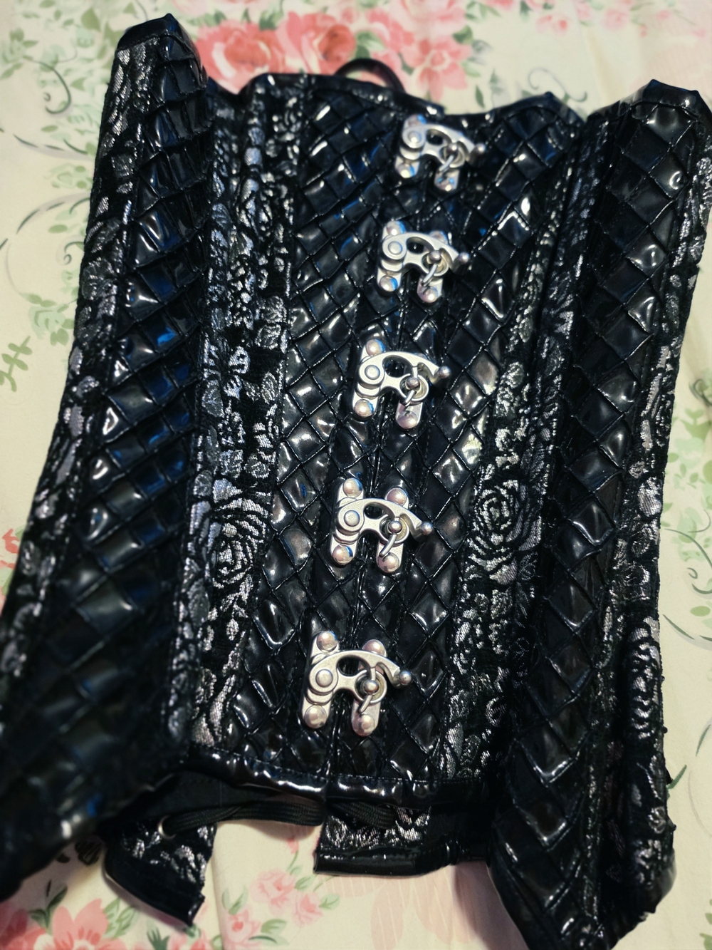 Daisy Corsets Black Quilted Lace-Panel Hook-Front Corset Bodysuit